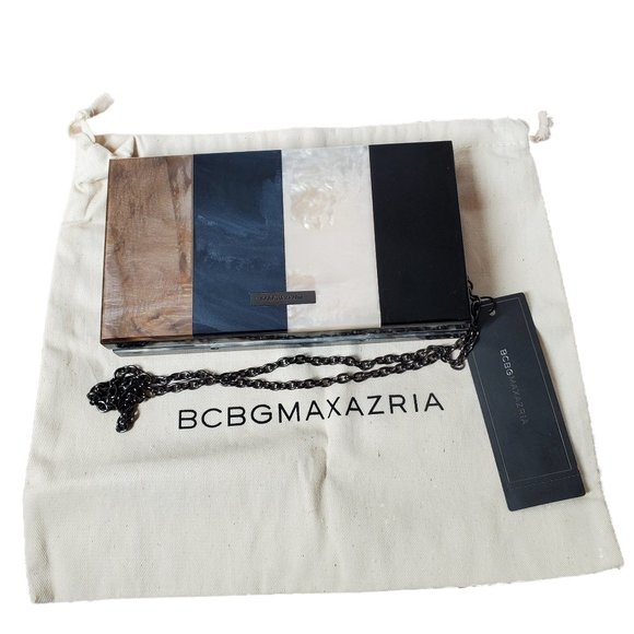 BCBGMaxAzria Handbags - BCBGMaxAzria Zandra Lucite Box Clutch Handbag Dust Bag Black Brown Ivory